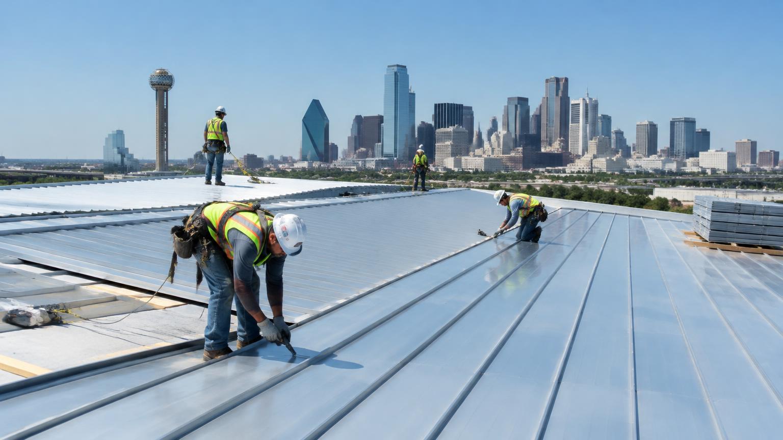 Roofers installing standing seam metal panels on a commercial building with the Dallas skyline in the background