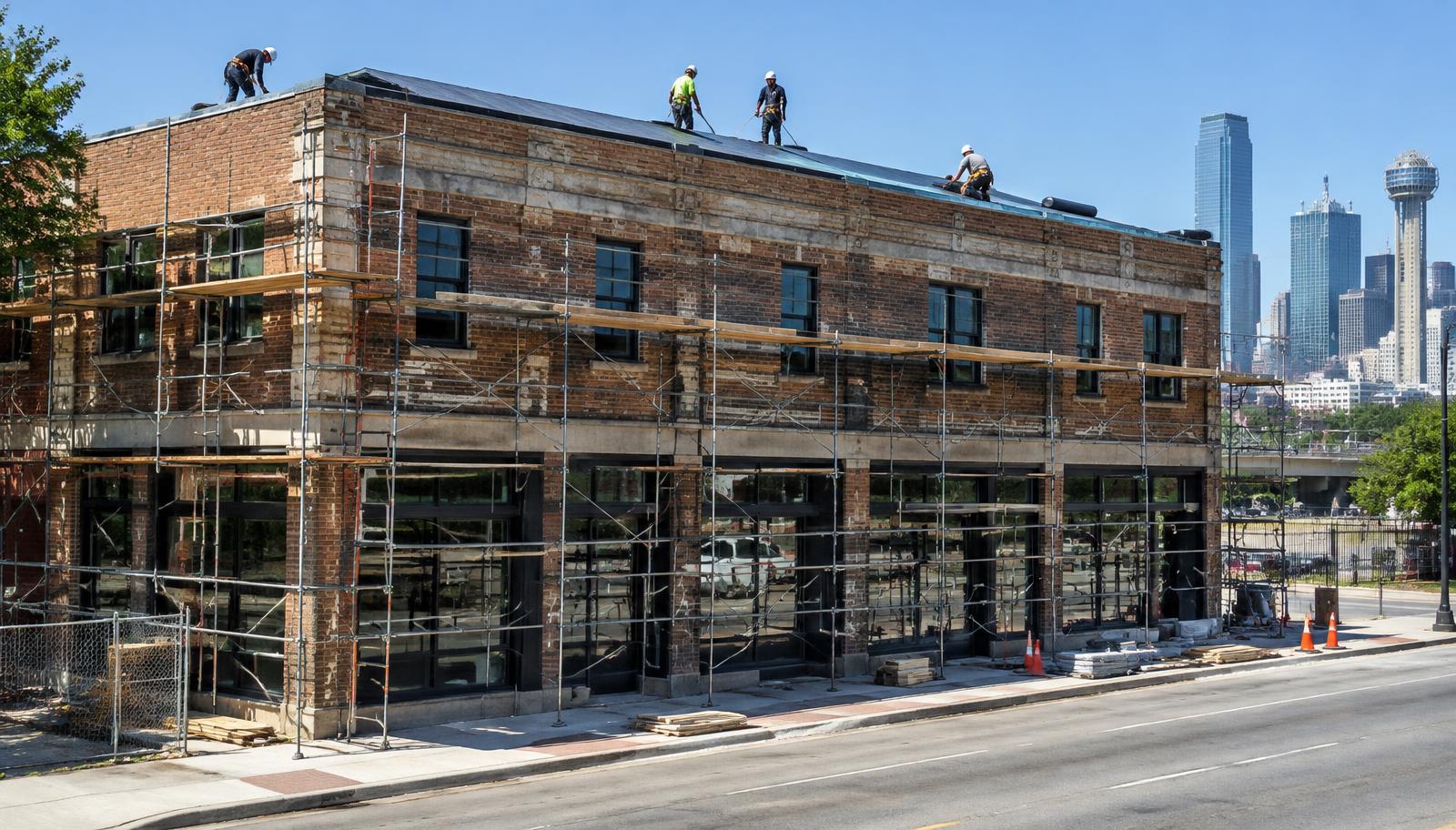 Older brick commercial building in Dallas under renovation with scaffolding on the facade and roofers working on the flat roof