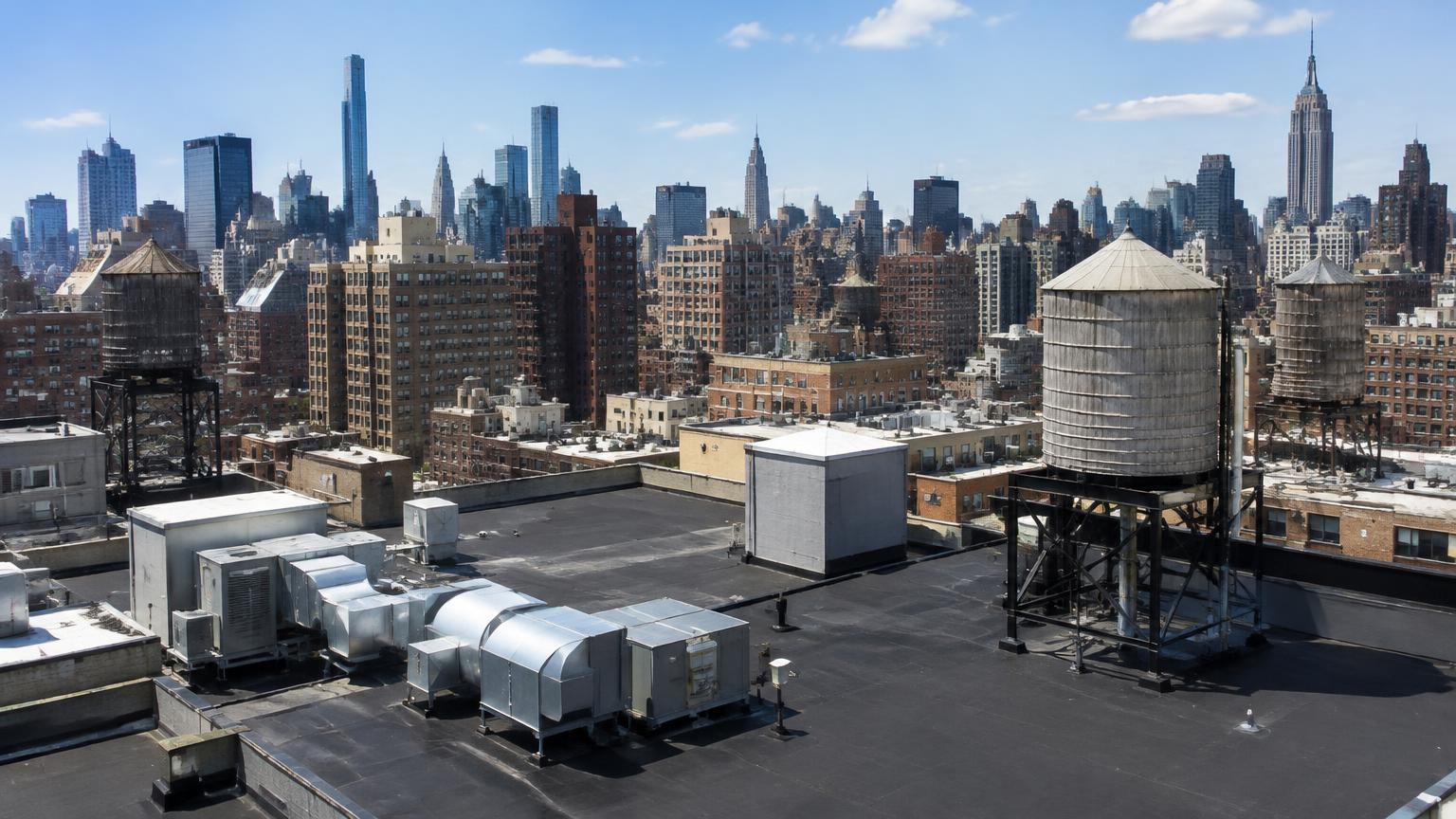 Flat commercial rooftops in Manhattan with black EPDM roofs, water towers and the New York City skyline