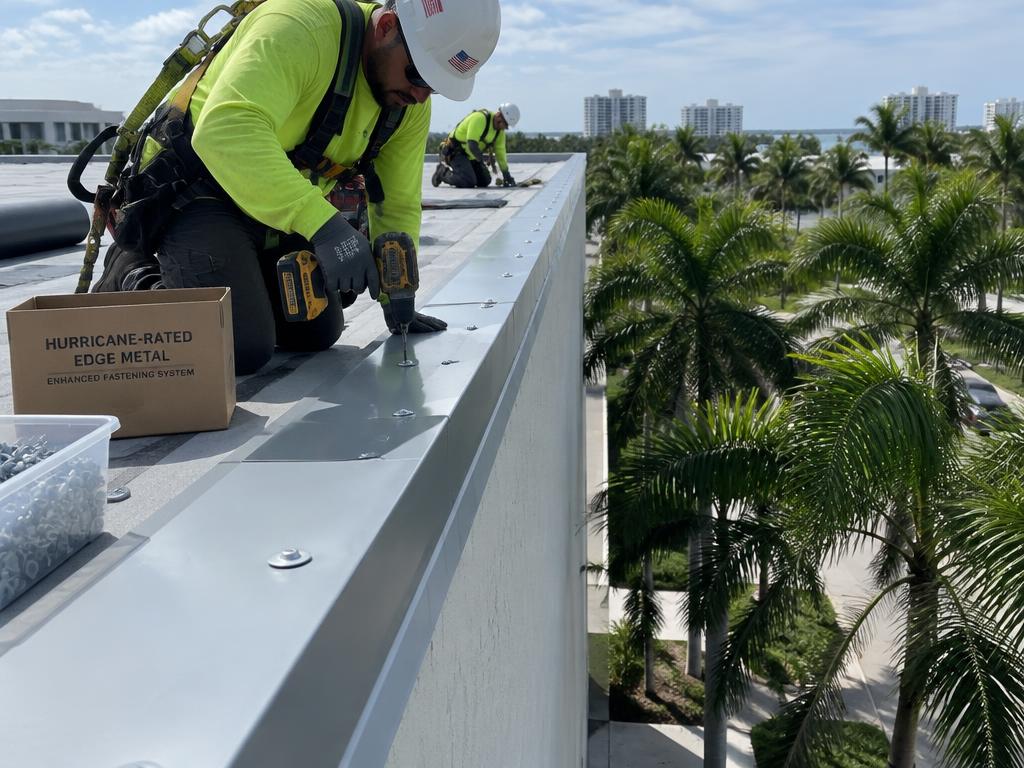 A roofer fastening hurricane-rated edge metal on a South Florida commercial roof with palm trees below