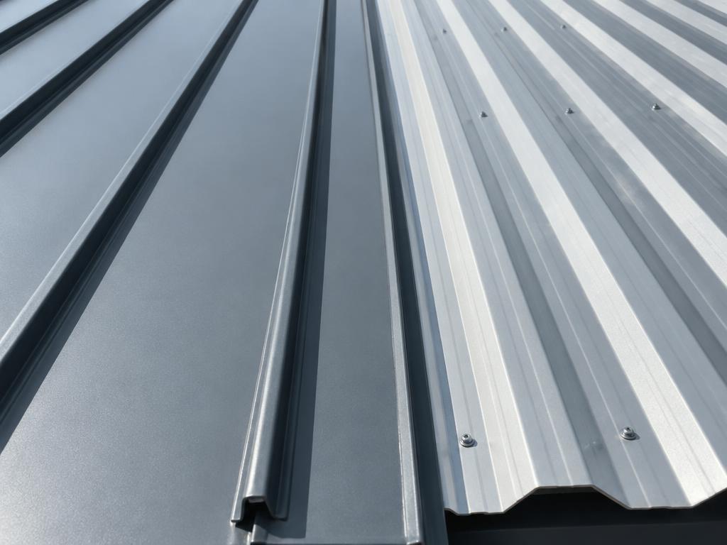 Close-up of standing seam metal panels with raised concealed-fastener seams beside exposed-fastener R-panel roofing