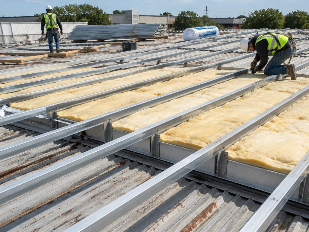 Steel sub-framing and new insulation being installed over an existing metal roof during a commercial retrofit