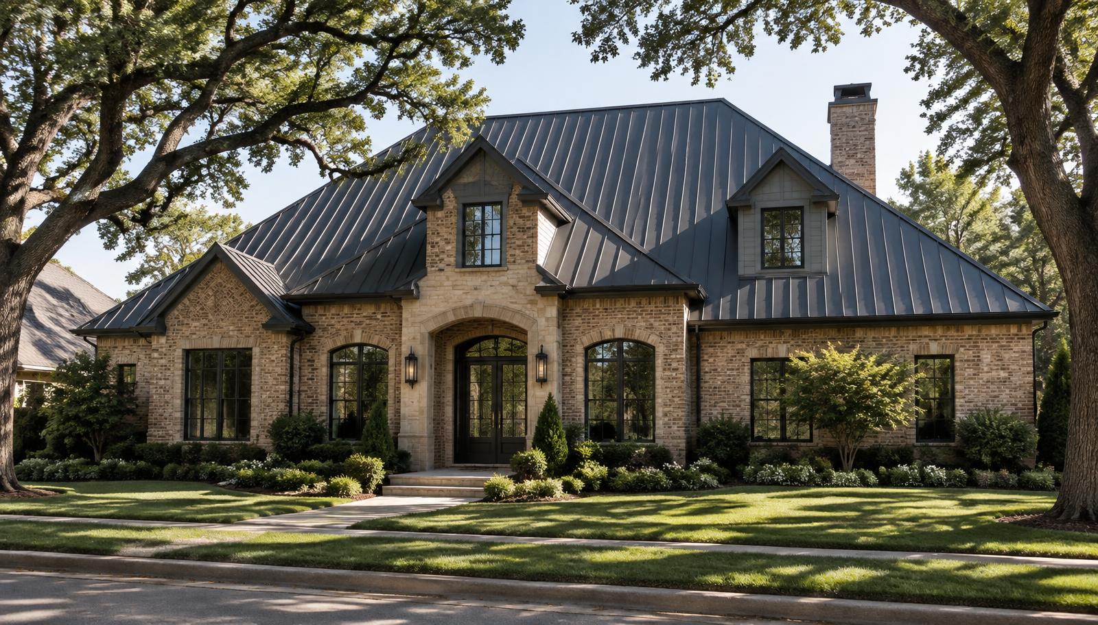 Charcoal standing seam metal roof with vertical concealed-fastener panels on a Dallas brick home