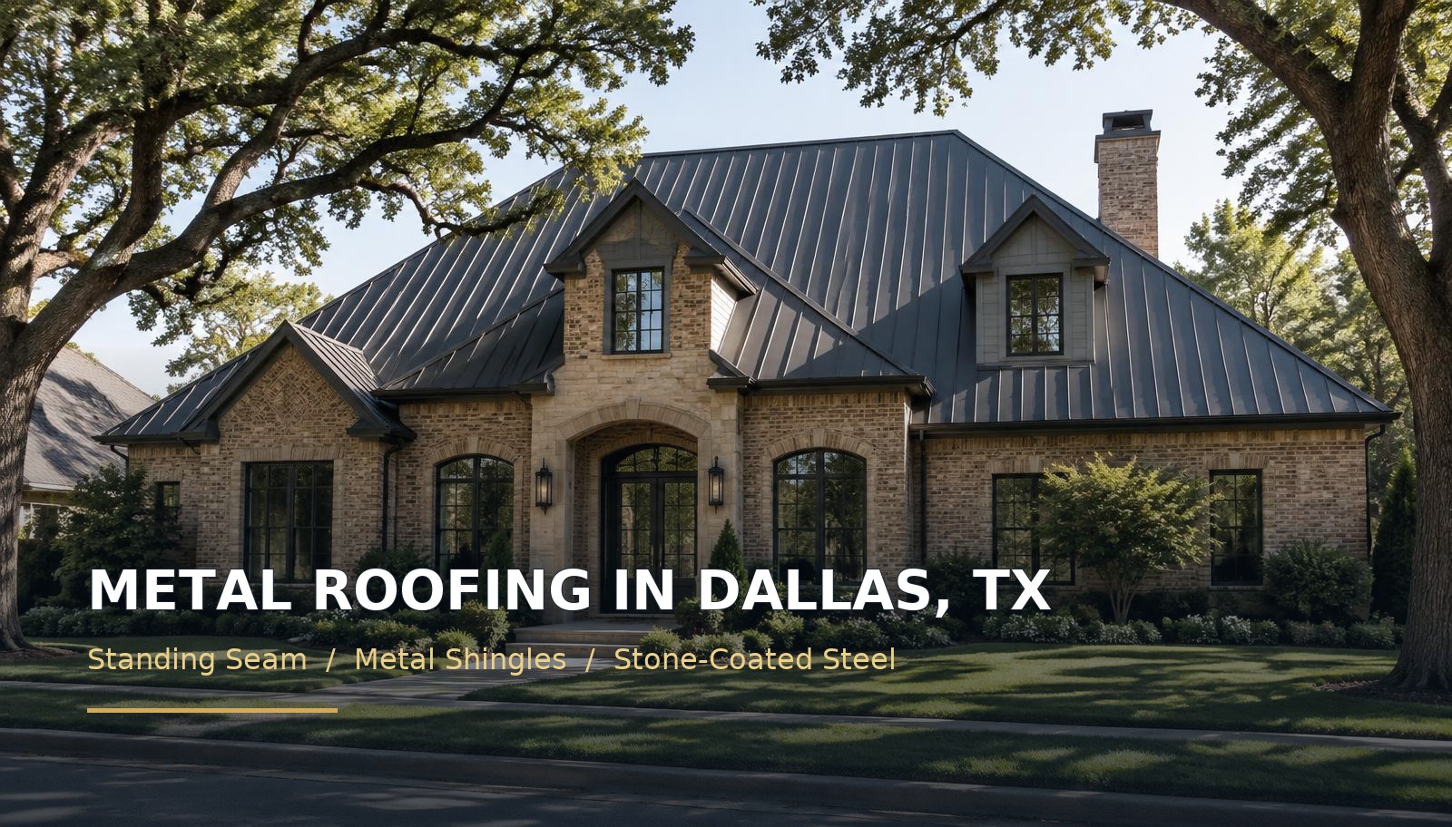 Metal roofing in Dallas, TX — charcoal standing seam roof on a brick home with a comparison title over the image