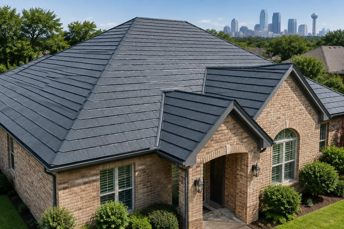 Stamped charcoal metal shingles on a Dallas brick home with a traditional shingle-like profile