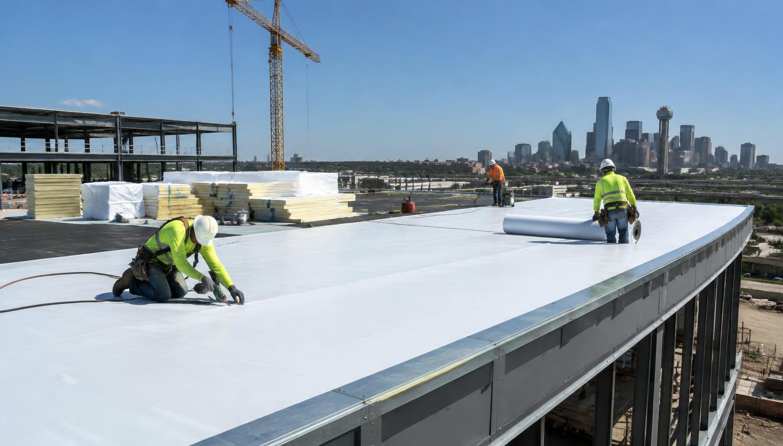 Roofers installing a white TPO membrane on a new commercial building under construction in Dallas, with a crane and the Dallas skyline behind