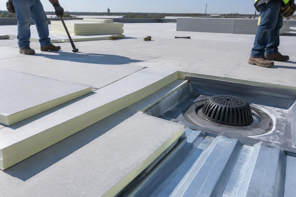 Tapered polyiso insulation boards and cover board laid on a steel roof deck around a roof drain on a new commercial building