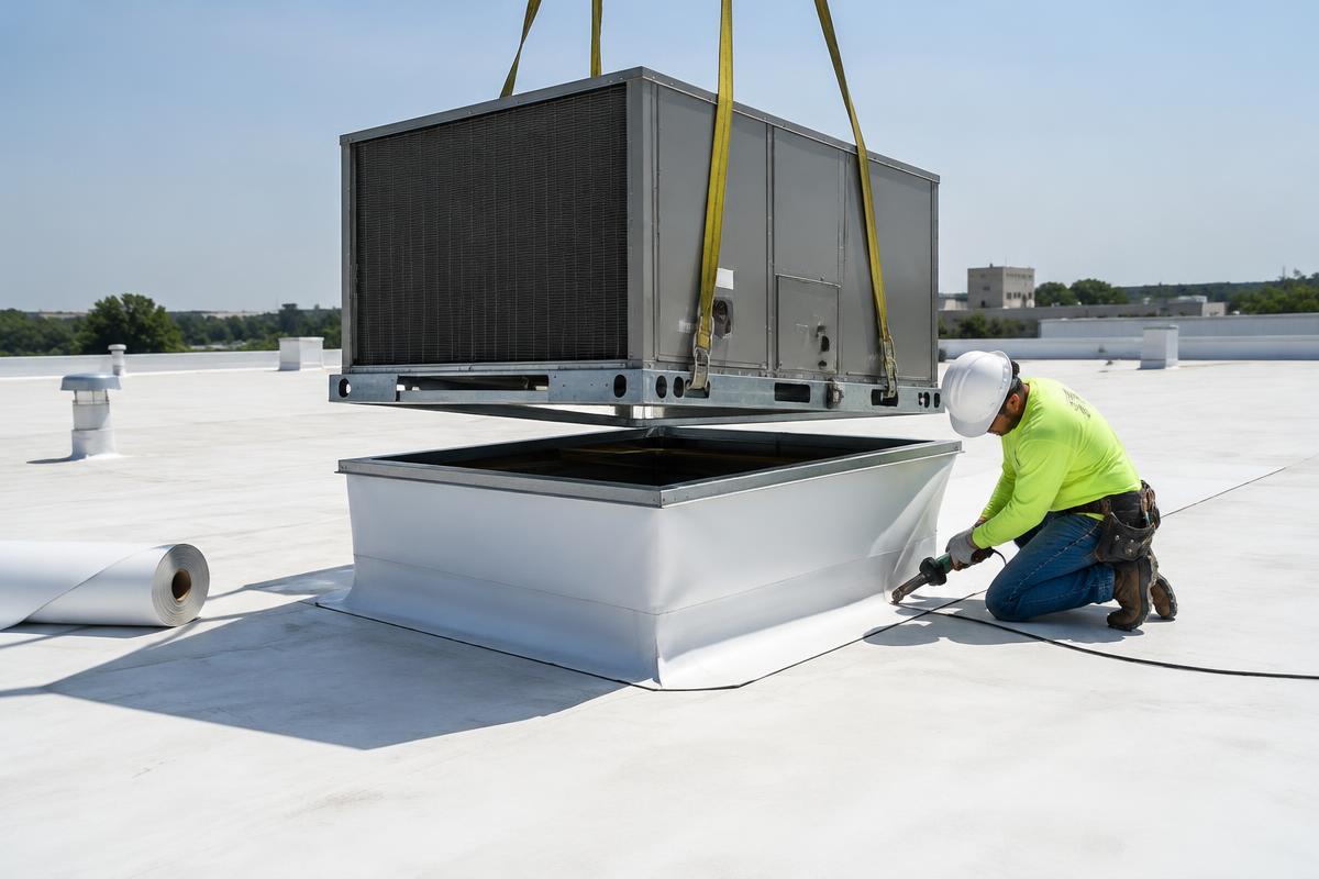 New rooftop HVAC unit lowered onto a curb on a white commercial flat roof while a roofer flashes the curb with membrane