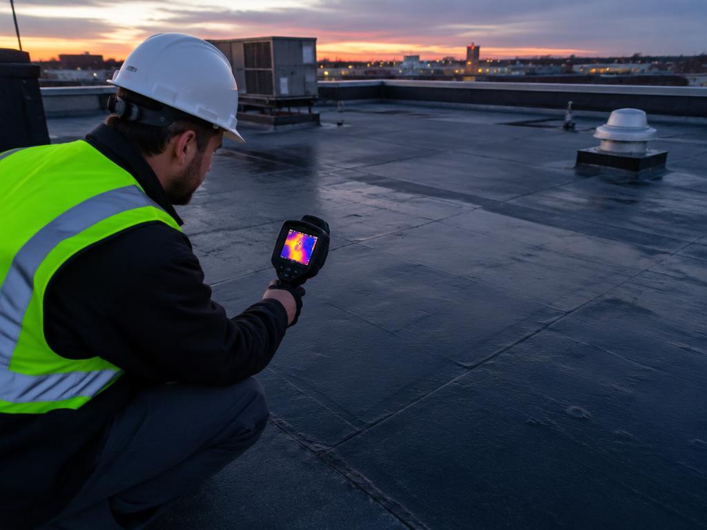 An inspector using an infrared thermal camera on a commercial flat roof at dusk to detect trapped moisture