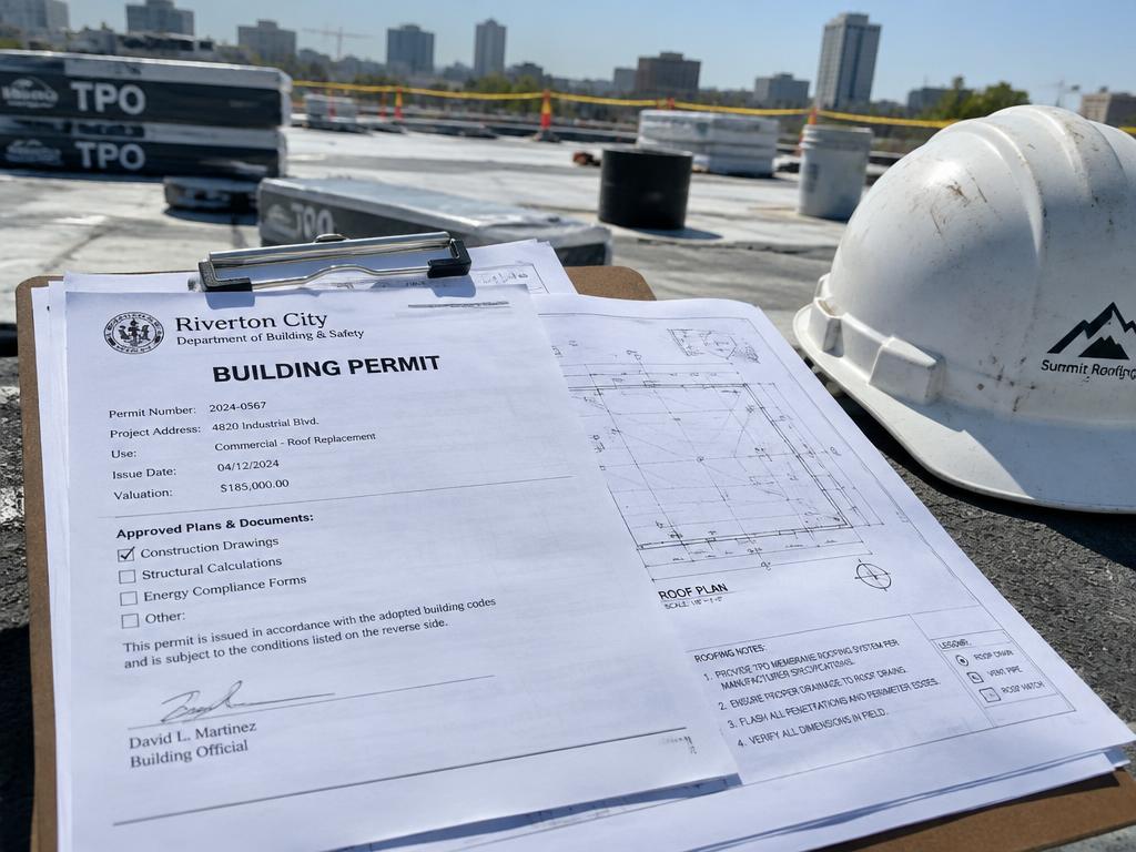 A building permit and roof plan drawings on a clipboard at a commercial roofing job site with a hard hat beside them