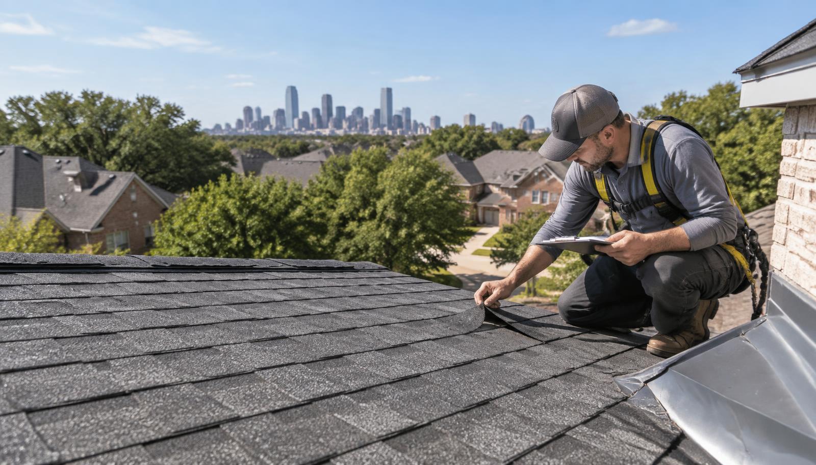 Dallas roof repair technician inspecting damaged asphalt shingles with the Dallas skyline in the distance