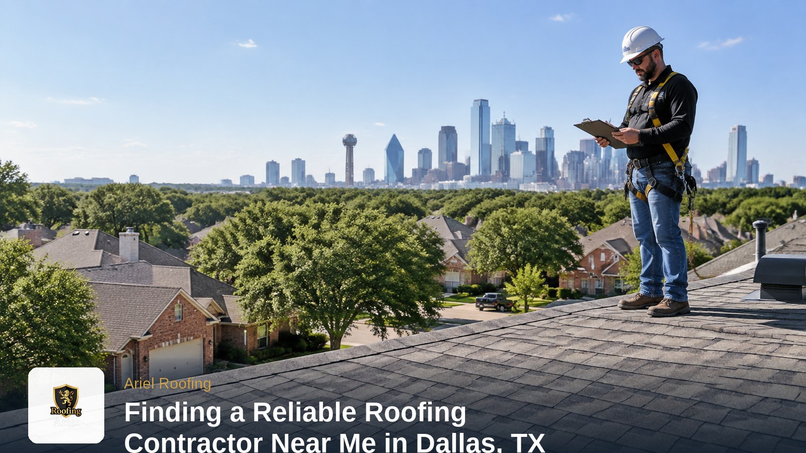 Roofing contractor near me in Dallas, TX — an Ariel Roofing inspector reviewing shingles on a residential roof with the Dallas skyline behind him