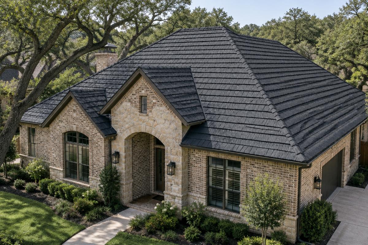 Dark stone-coated steel roofing with a textured granule finish on a Dallas brick home