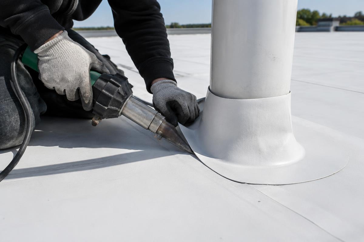 Roofer heat-welding a TPO membrane flashing around a pipe penetration on a commercial flat roof