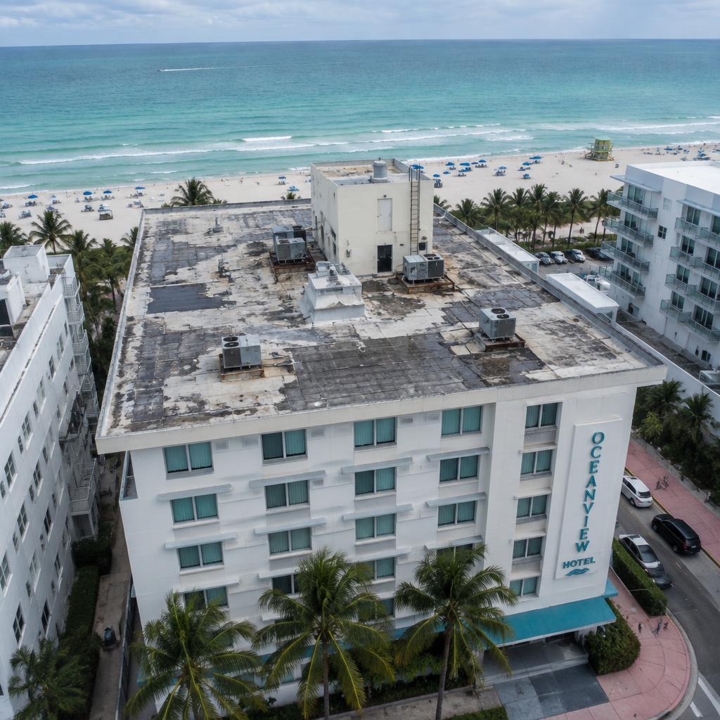 Beachfront Hotel TPO Re-Roof in Miami Beach, FL before the roofing work