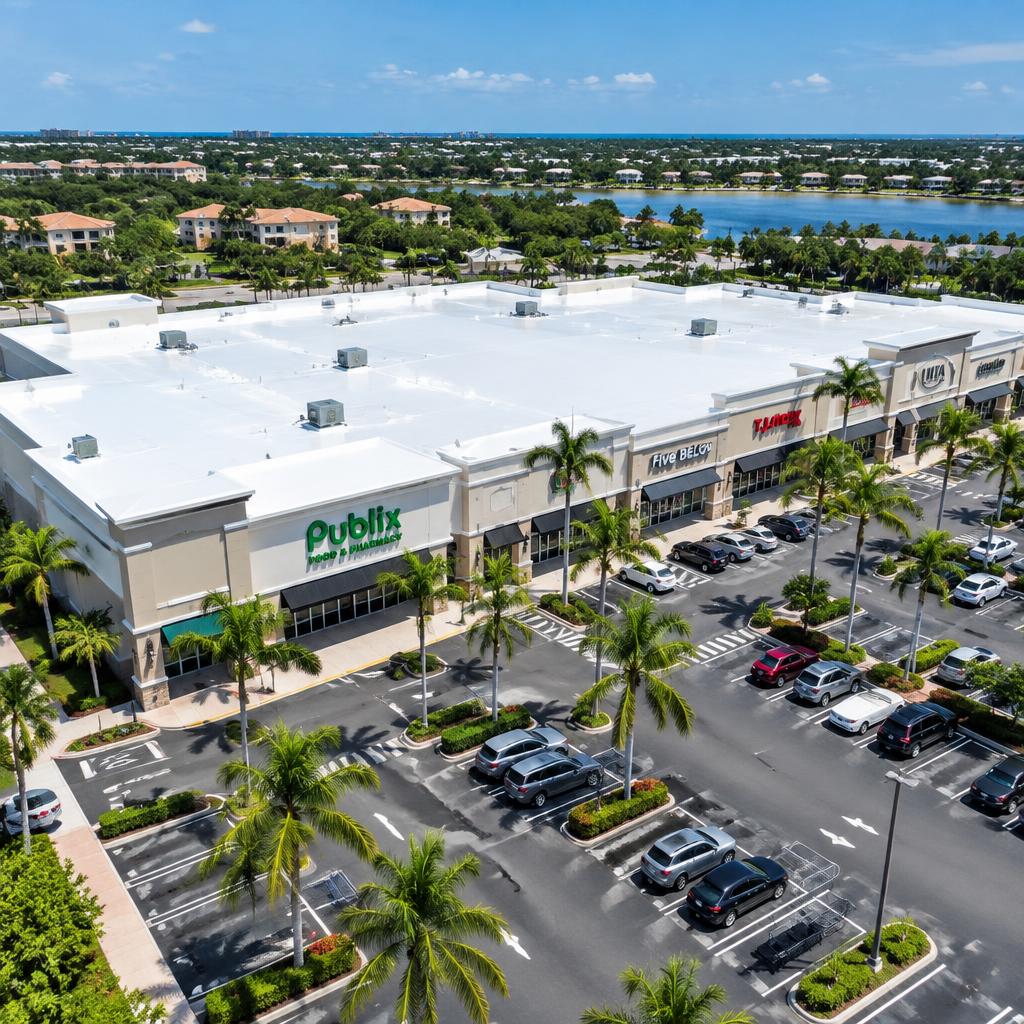 Shopping Plaza Coating Restoration in Boynton Beach, FL after completion by Ariel Roofing
