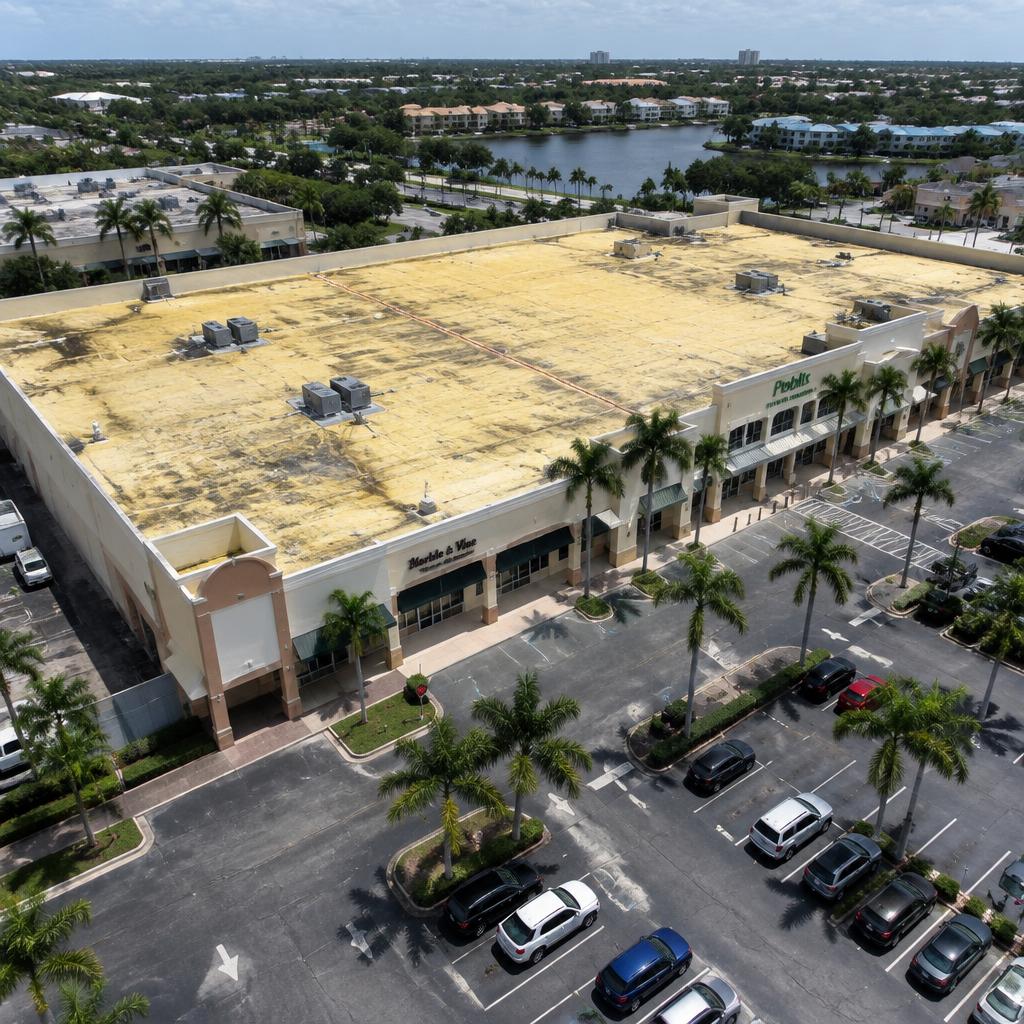 Shopping Plaza Coating Restoration in Boynton Beach, FL before the roofing work
