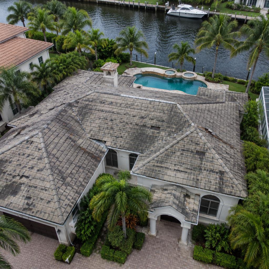 Concrete Tile Estate Re-Roof in Boca Raton, FL before the roofing work