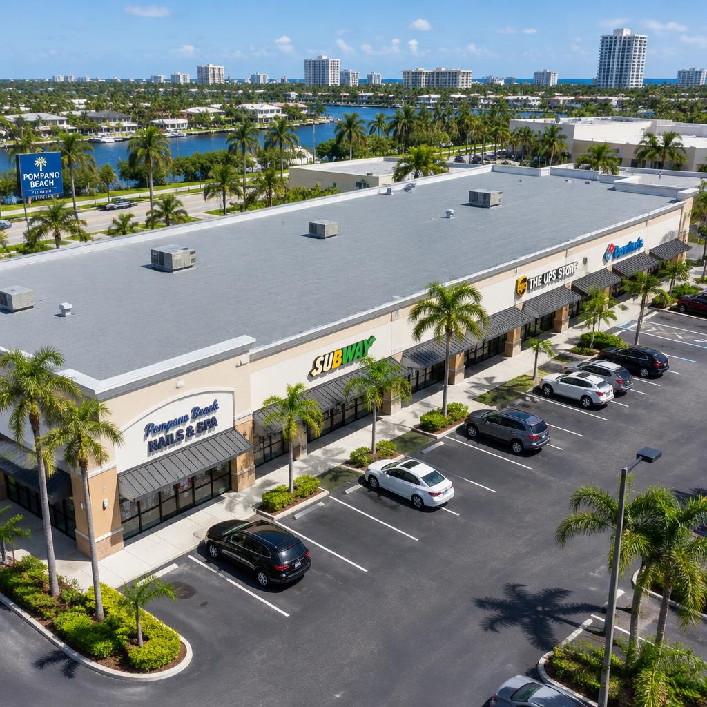 Retail Center Re-Roof in Pompano Beach, FL after completion by Ariel Roofing