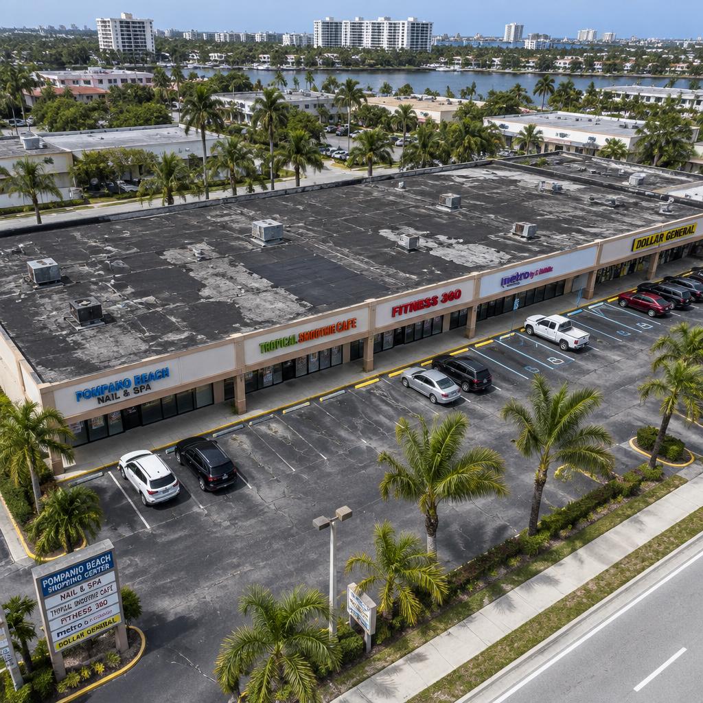Retail Center Re-Roof in Pompano Beach, FL before the roofing work
