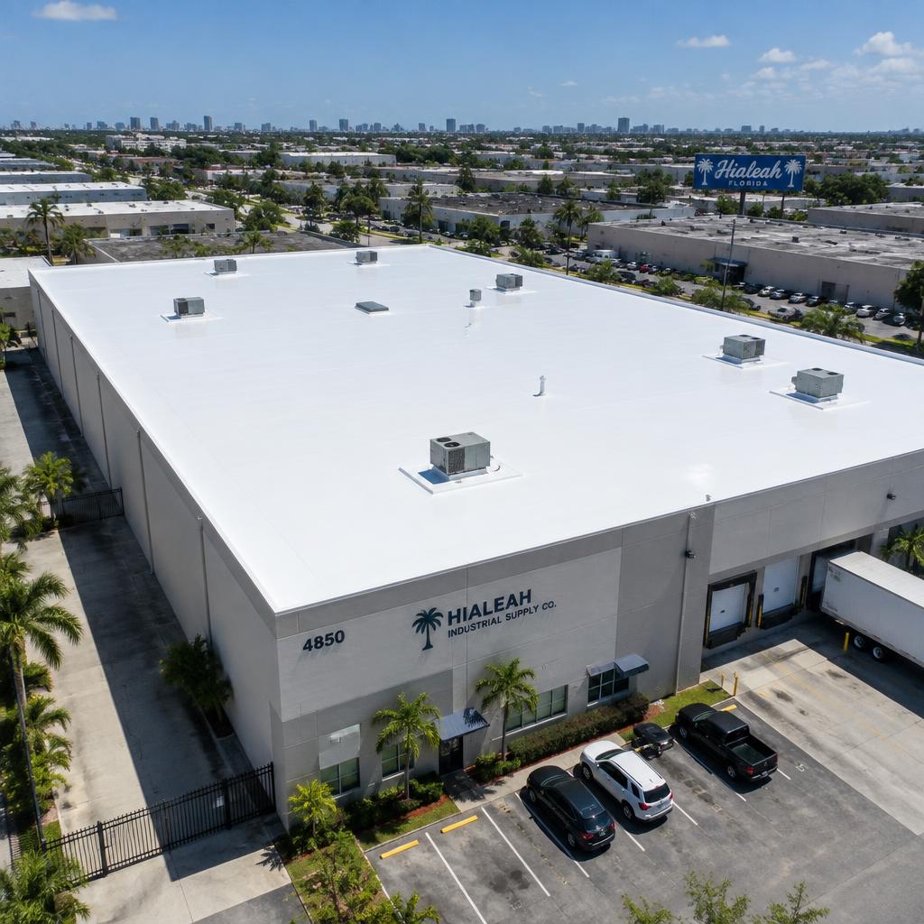 Industrial Foam Roof Restoration in Hialeah, FL after completion by Ariel Roofing