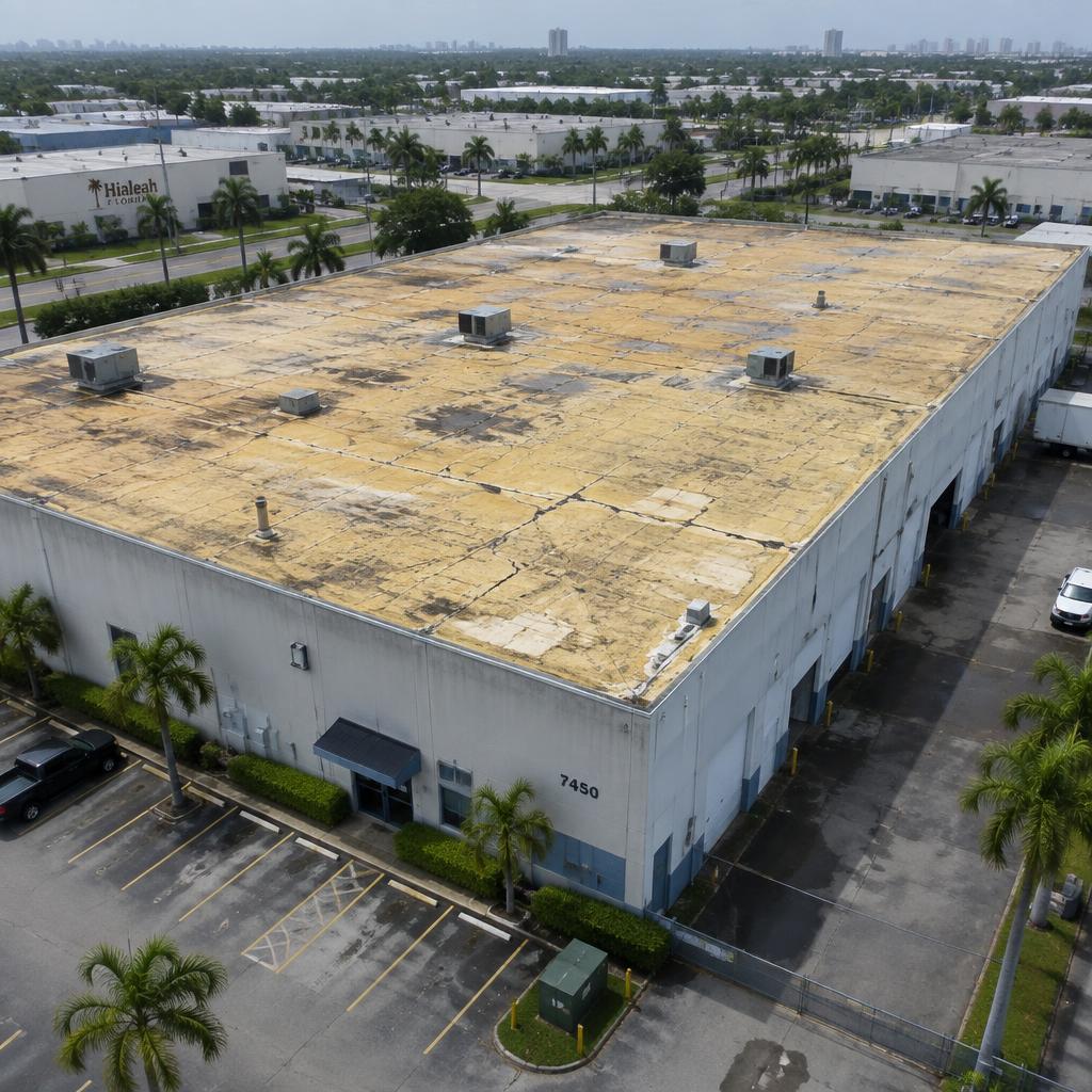 Industrial Foam Roof Restoration in Hialeah, FL before the roofing work